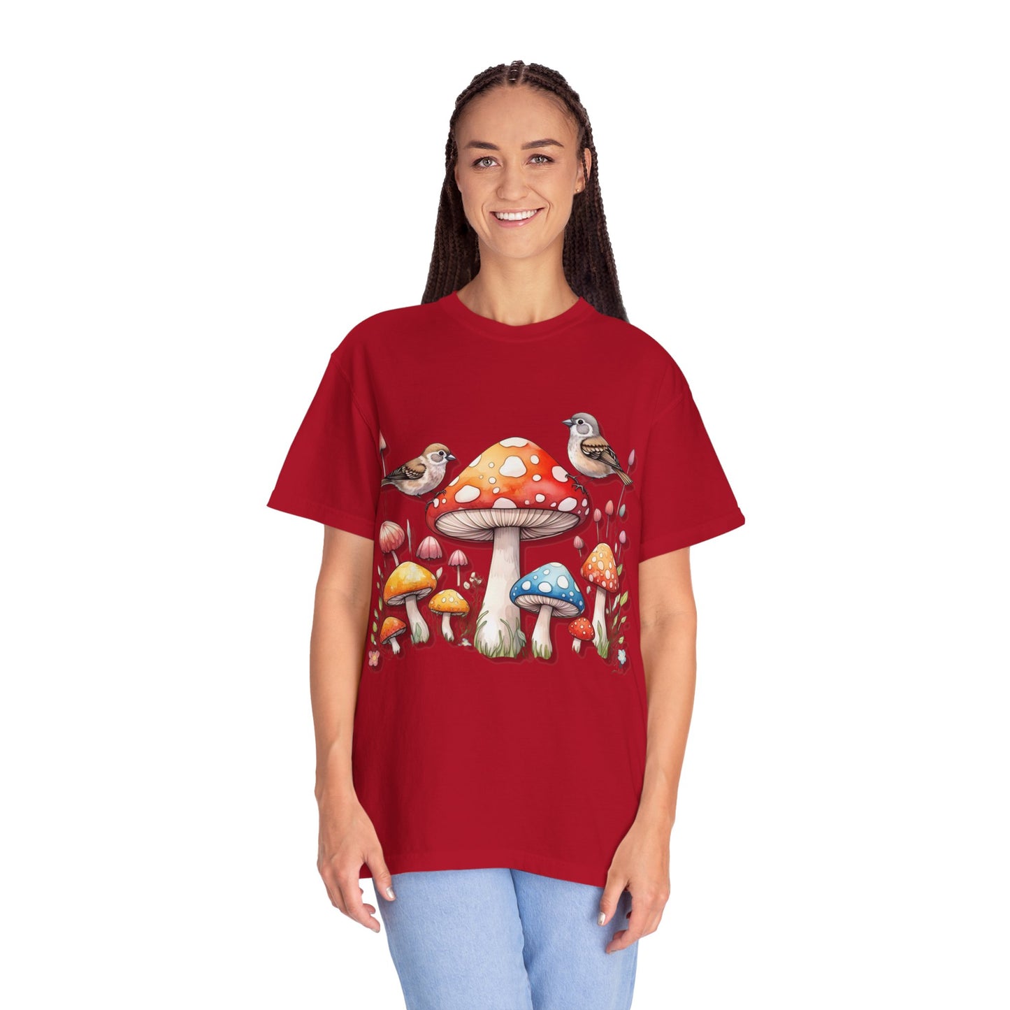Whimsical Mushroom & Bird Unisex T-Shirt - Nature Lover's Tee