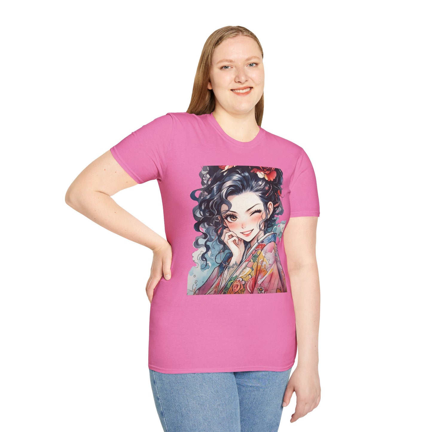 Stylish Unisex Softstyle T-Shirt - Charming Kimono Girl Design