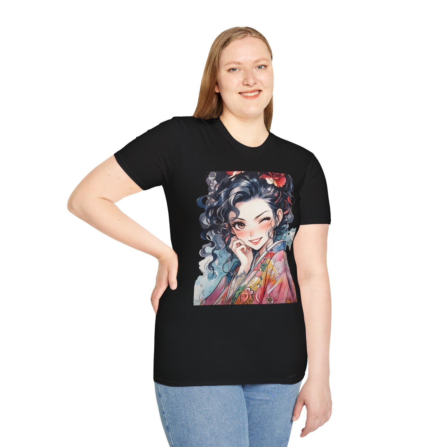 Stylish Unisex Softstyle T-Shirt - Charming Kimono Girl Design