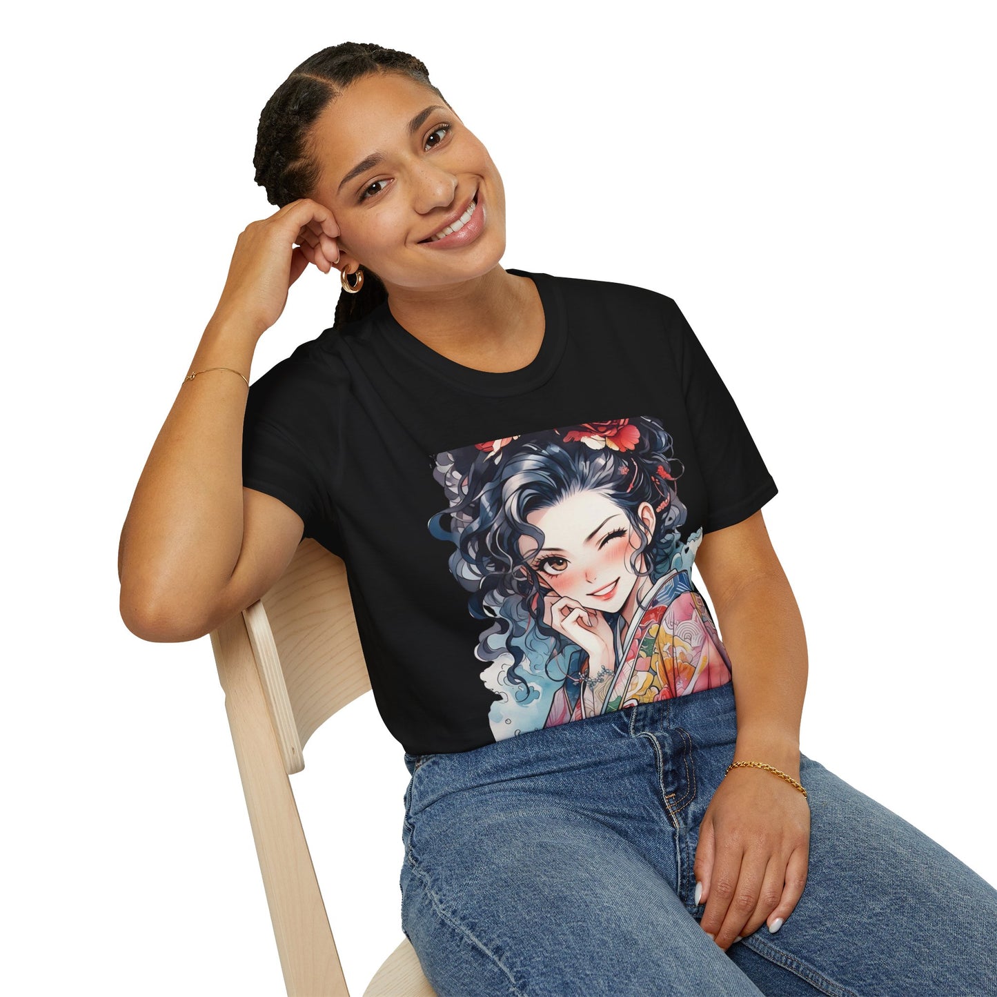 Stylish Unisex Softstyle T-Shirt - Charming Kimono Girl Design