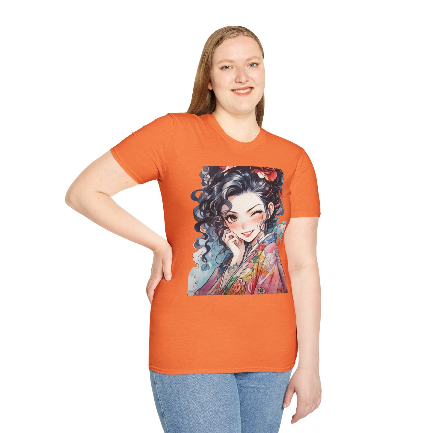 Stylish Unisex Softstyle T-Shirt - Charming Kimono Girl Design