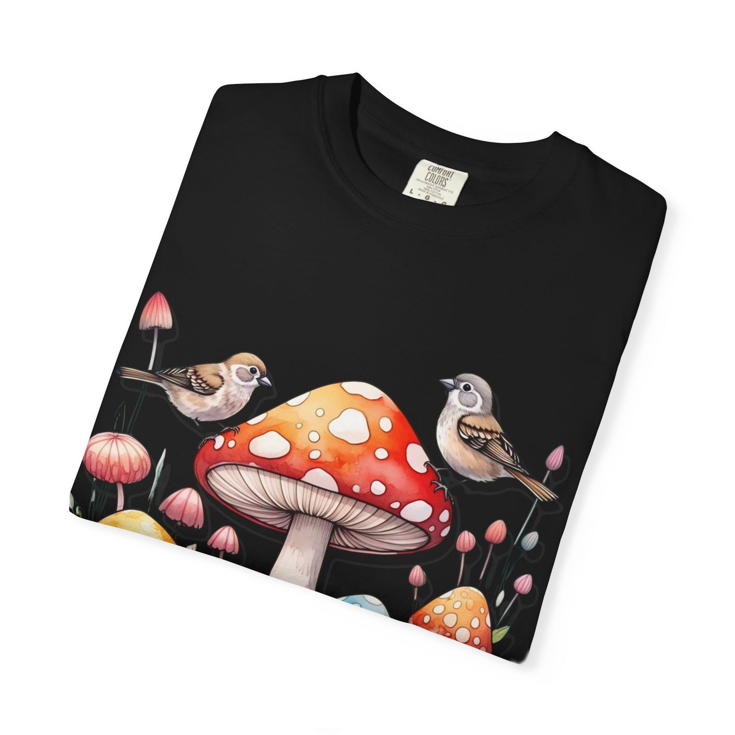 Whimsical Mushroom & Bird Unisex T-Shirt - Nature Lover's Tee