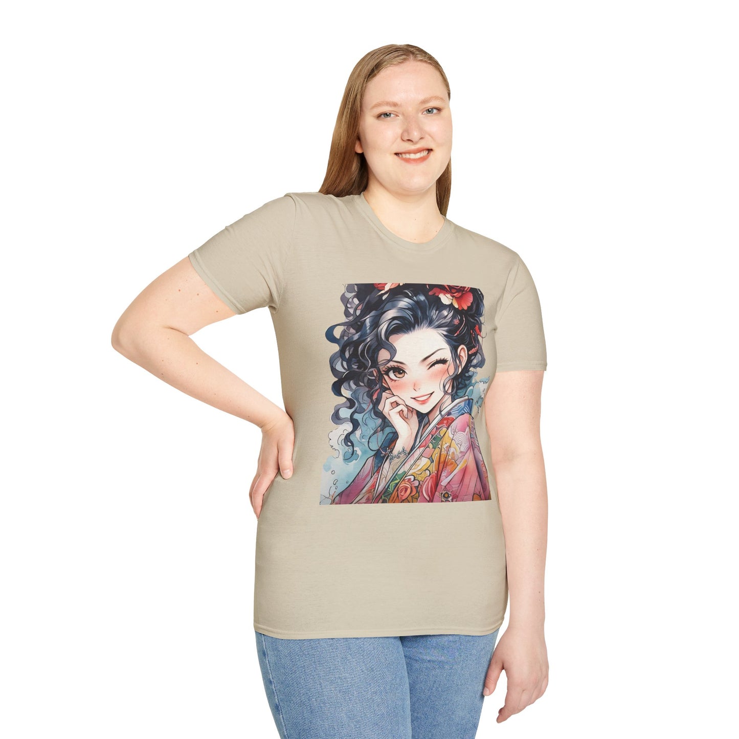 Stylish Unisex Softstyle T-Shirt - Charming Kimono Girl Design
