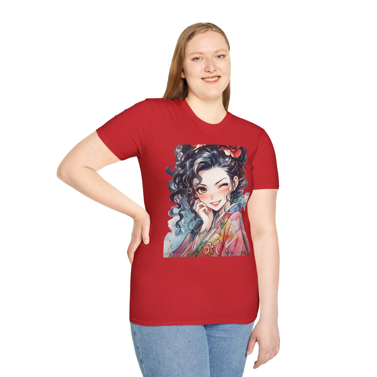Stylish Unisex Softstyle T-Shirt - Charming Kimono Girl Design