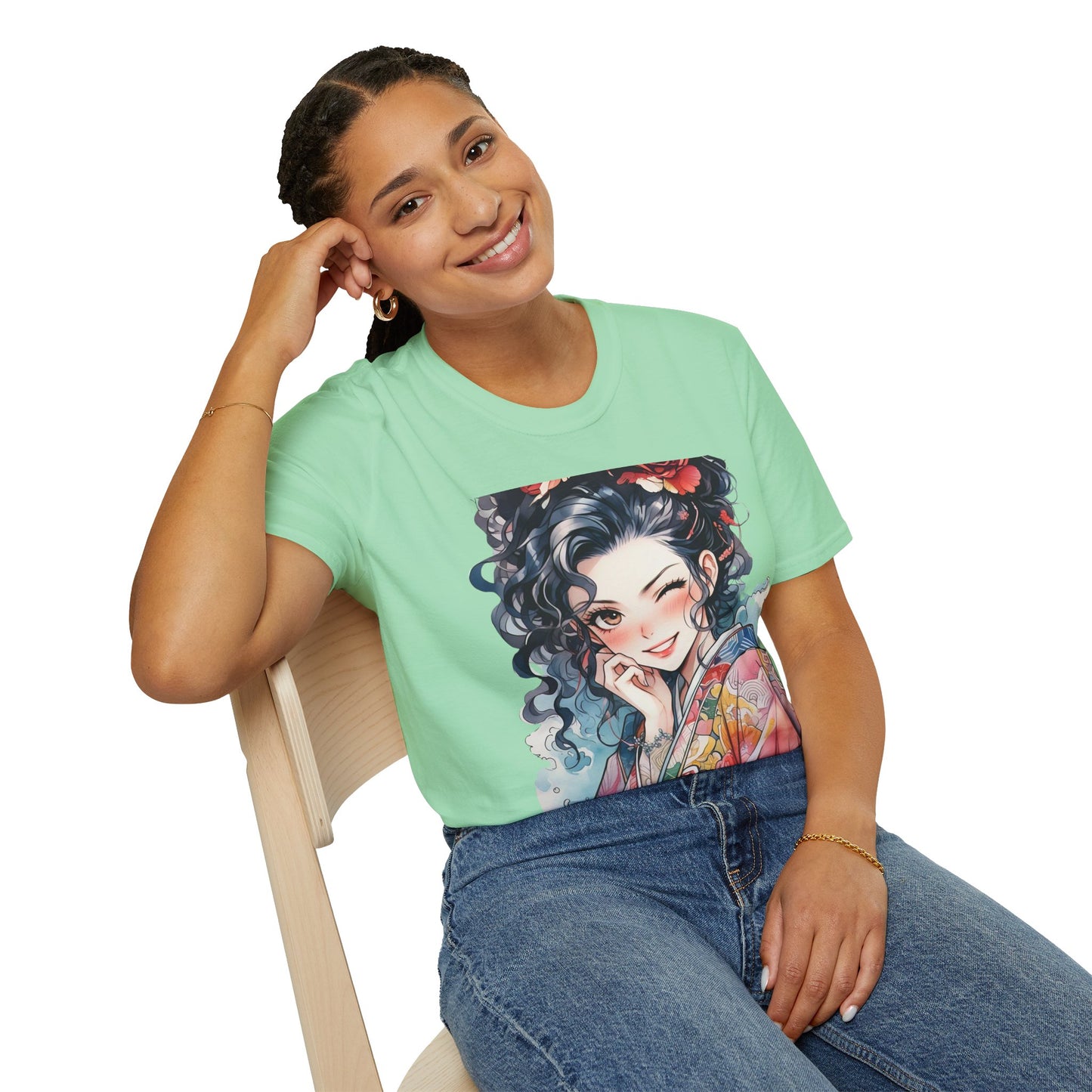 Stylish Unisex Softstyle T-Shirt - Charming Kimono Girl Design