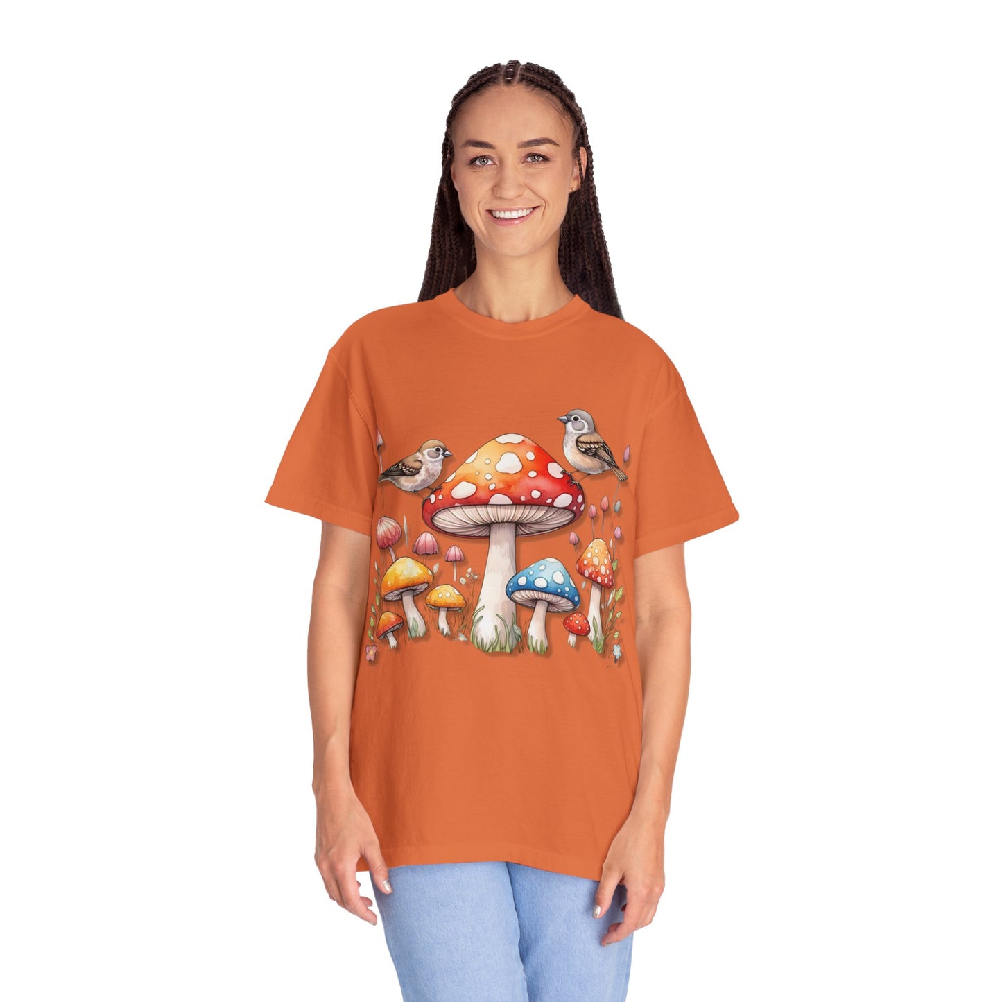 Whimsical Mushroom & Bird Unisex T-Shirt - Nature Lover's Tee