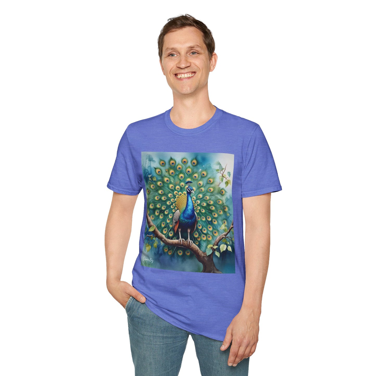 Colorful Peacock Unisex Softstyle T-Shirt - Vibrant Nature Art Tee