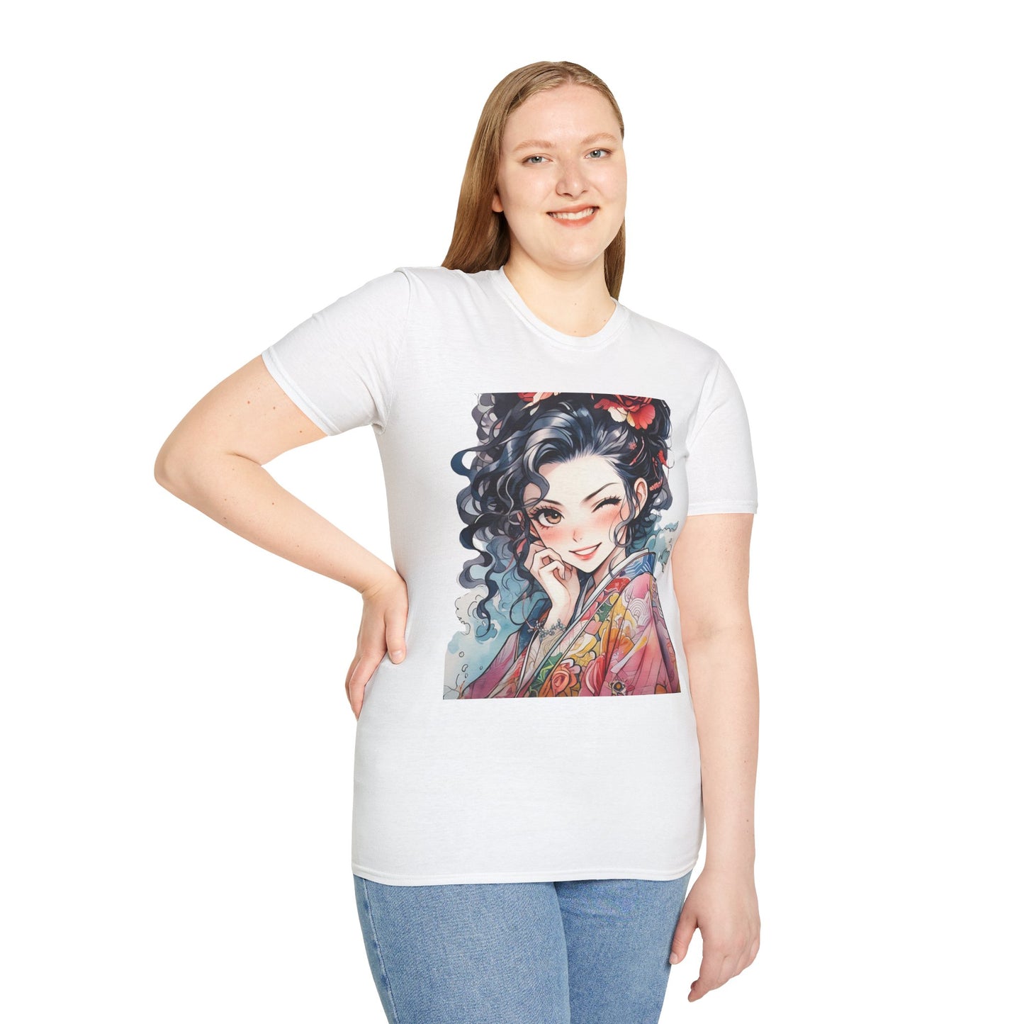 Stylish Unisex Softstyle T-Shirt - Charming Kimono Girl Design