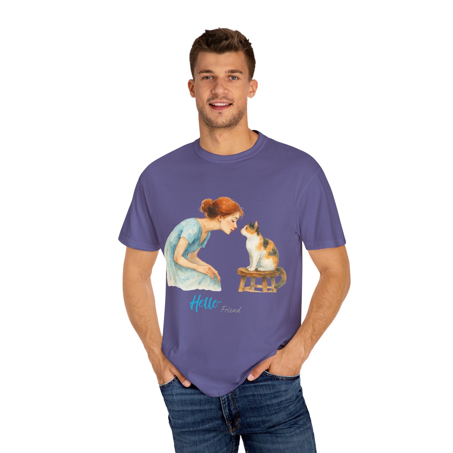 Hello Friend Cat Lover T-Shirt - Unisex Garment-Dyed Tee