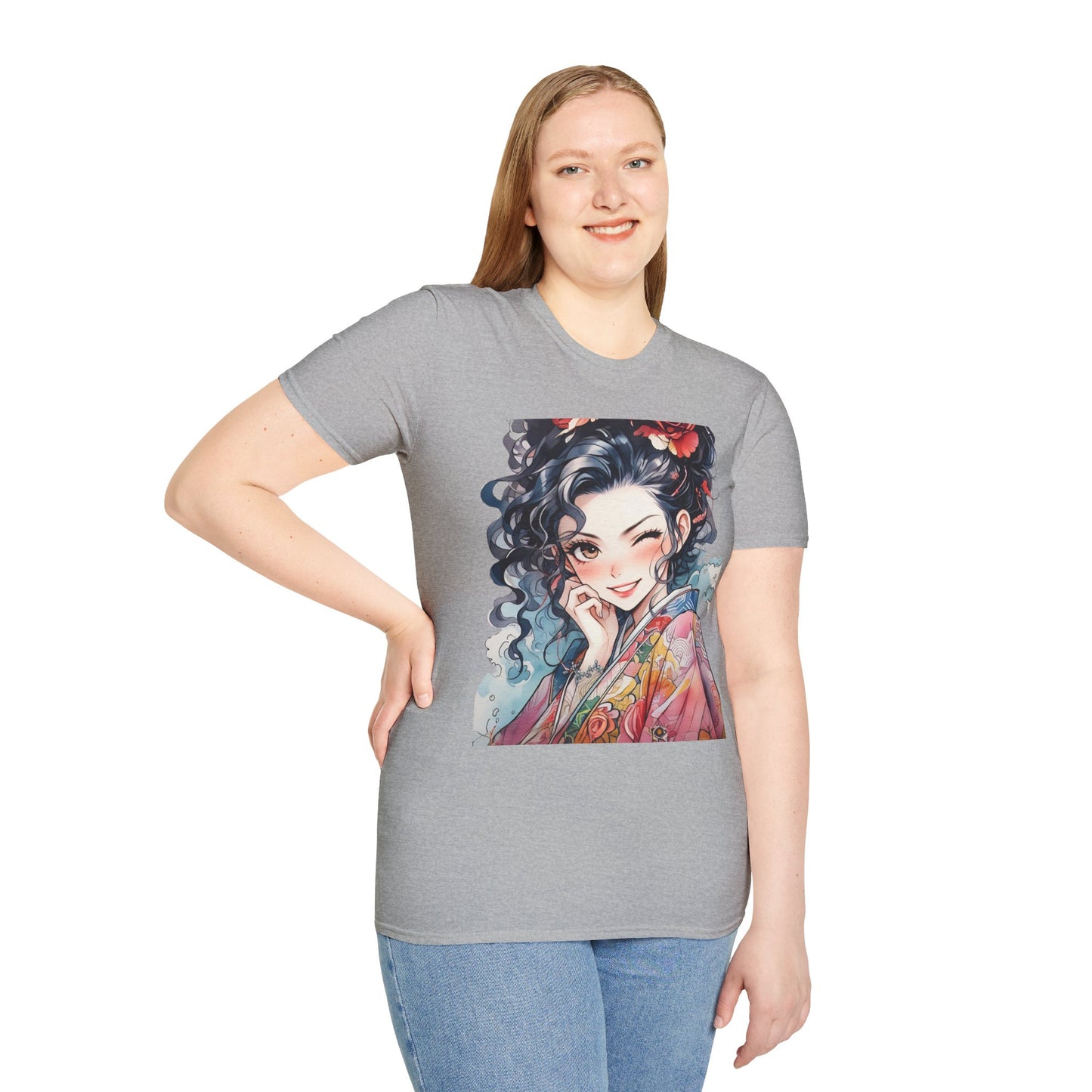 Stylish Unisex Softstyle T-Shirt - Charming Kimono Girl Design
