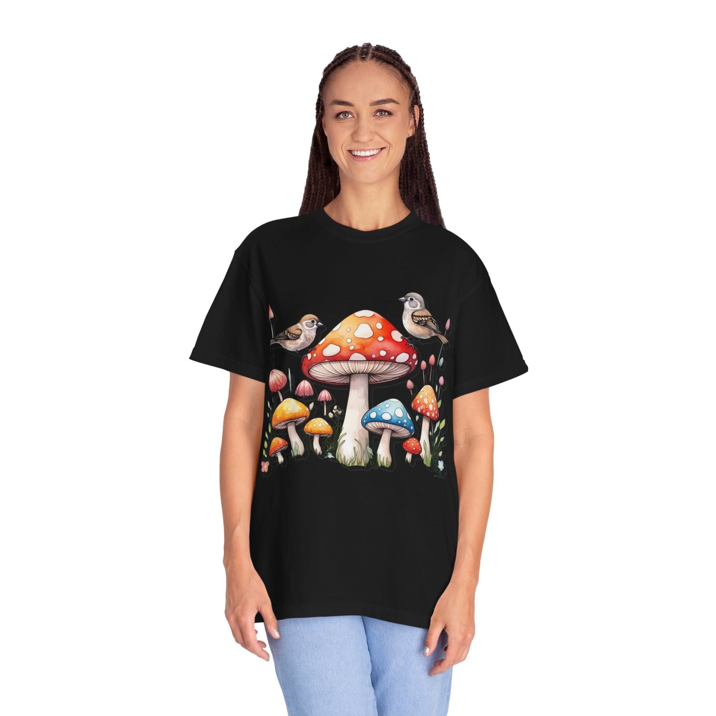 Whimsical Mushroom & Bird Unisex T-Shirt - Nature Lover's Tee