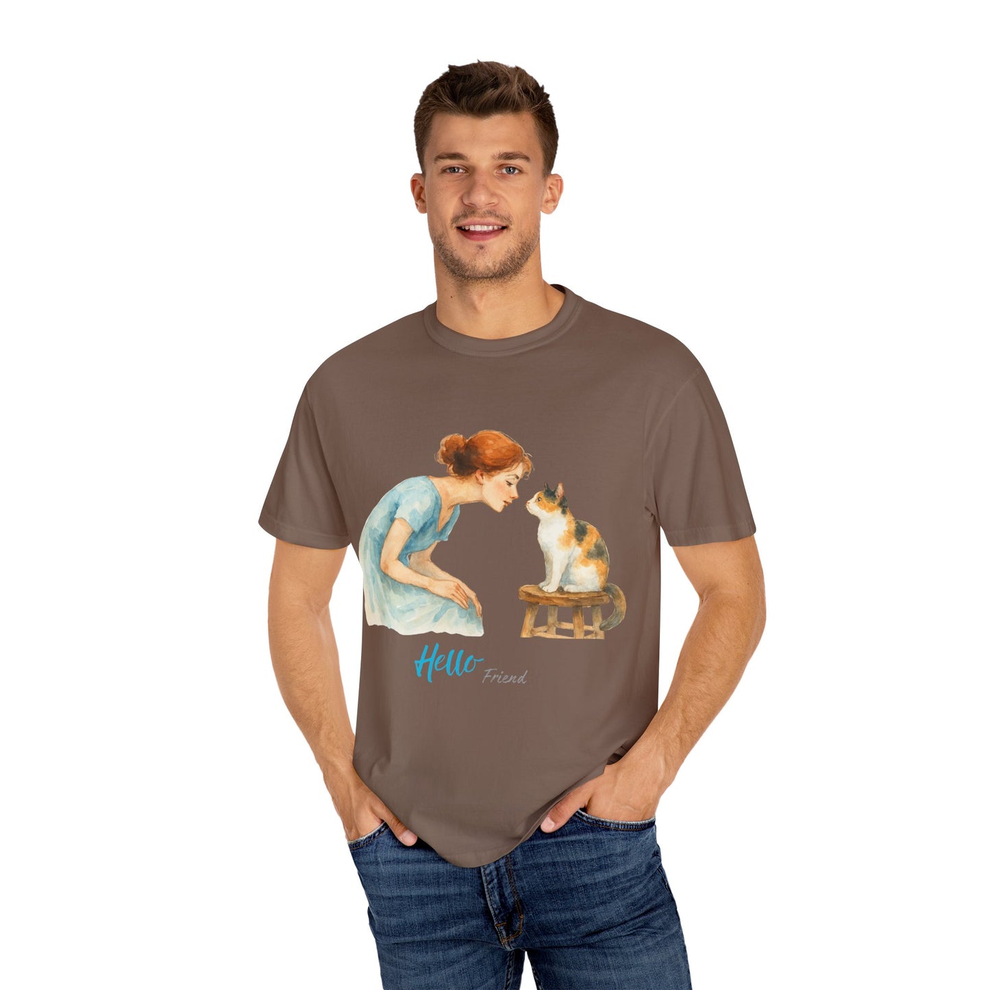 Hello Friend Cat Lover T-Shirt - Unisex Garment-Dyed Tee