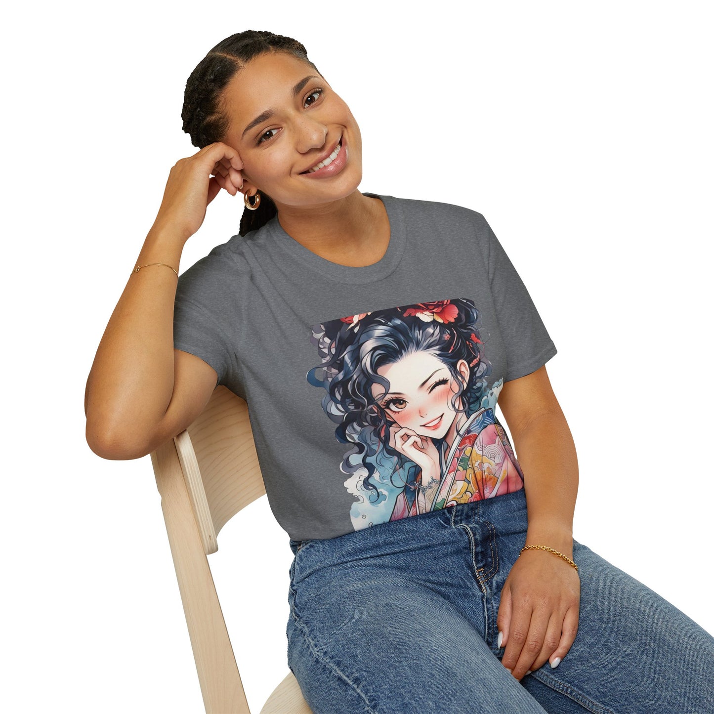 Stylish Unisex Softstyle T-Shirt - Charming Kimono Girl Design