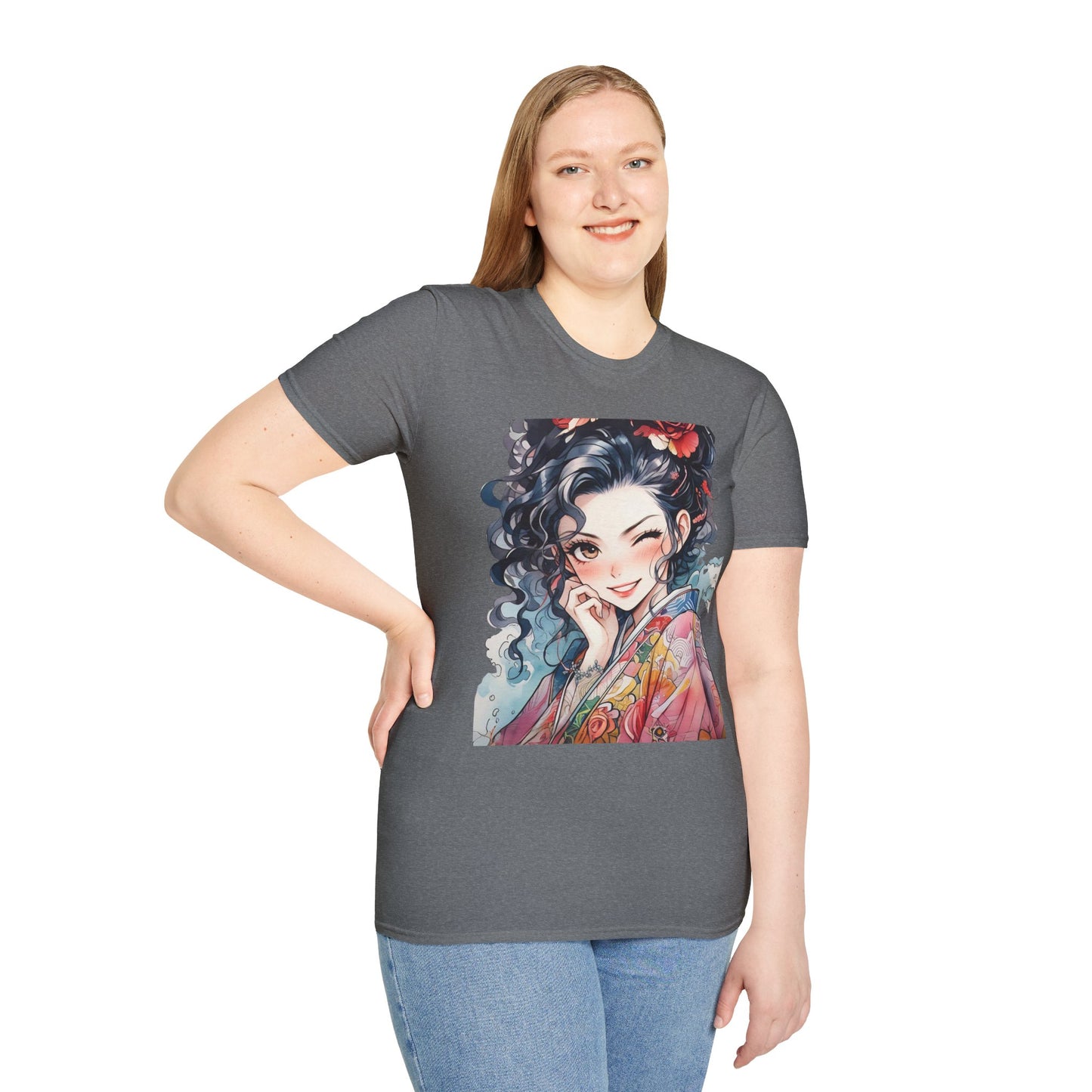 Stylish Unisex Softstyle T-Shirt - Charming Kimono Girl Design