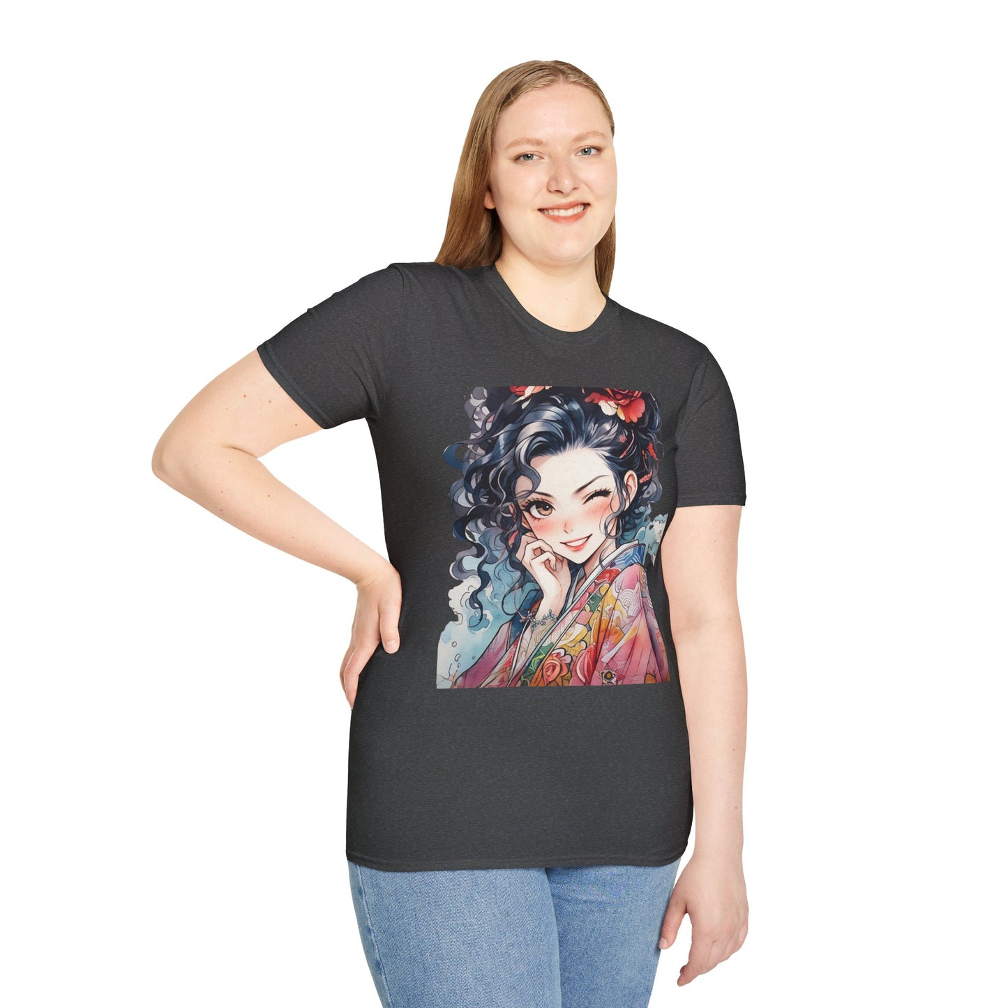 Stylish Unisex Softstyle T-Shirt - Charming Kimono Girl Design
