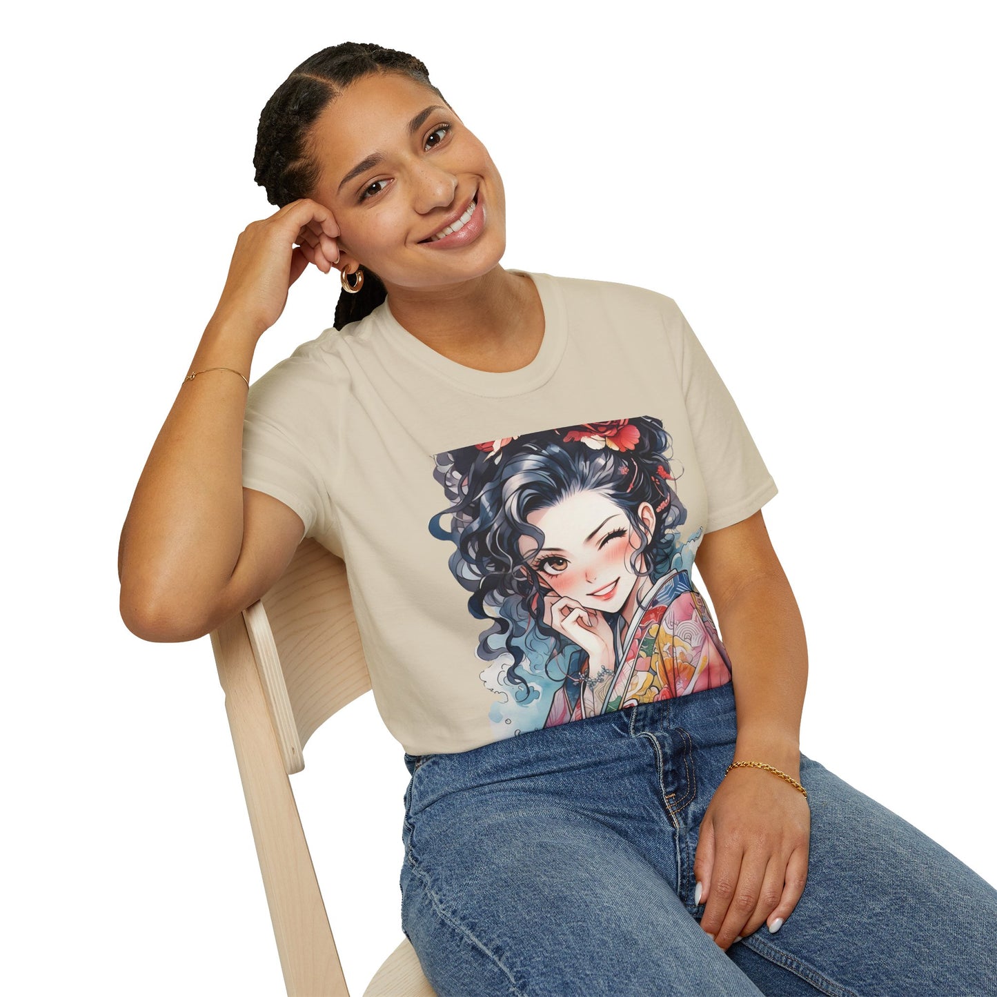 Stylish Unisex Softstyle T-Shirt - Charming Kimono Girl Design