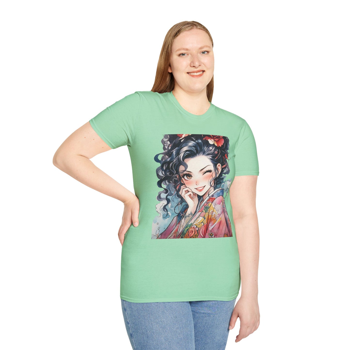 Stylish Unisex Softstyle T-Shirt - Charming Kimono Girl Design