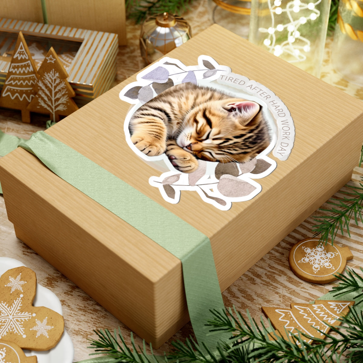 Adorable Cat Kiss-Cut Stickers - 'Tired After Hard Work Day' - Perfect for Pet Lovers