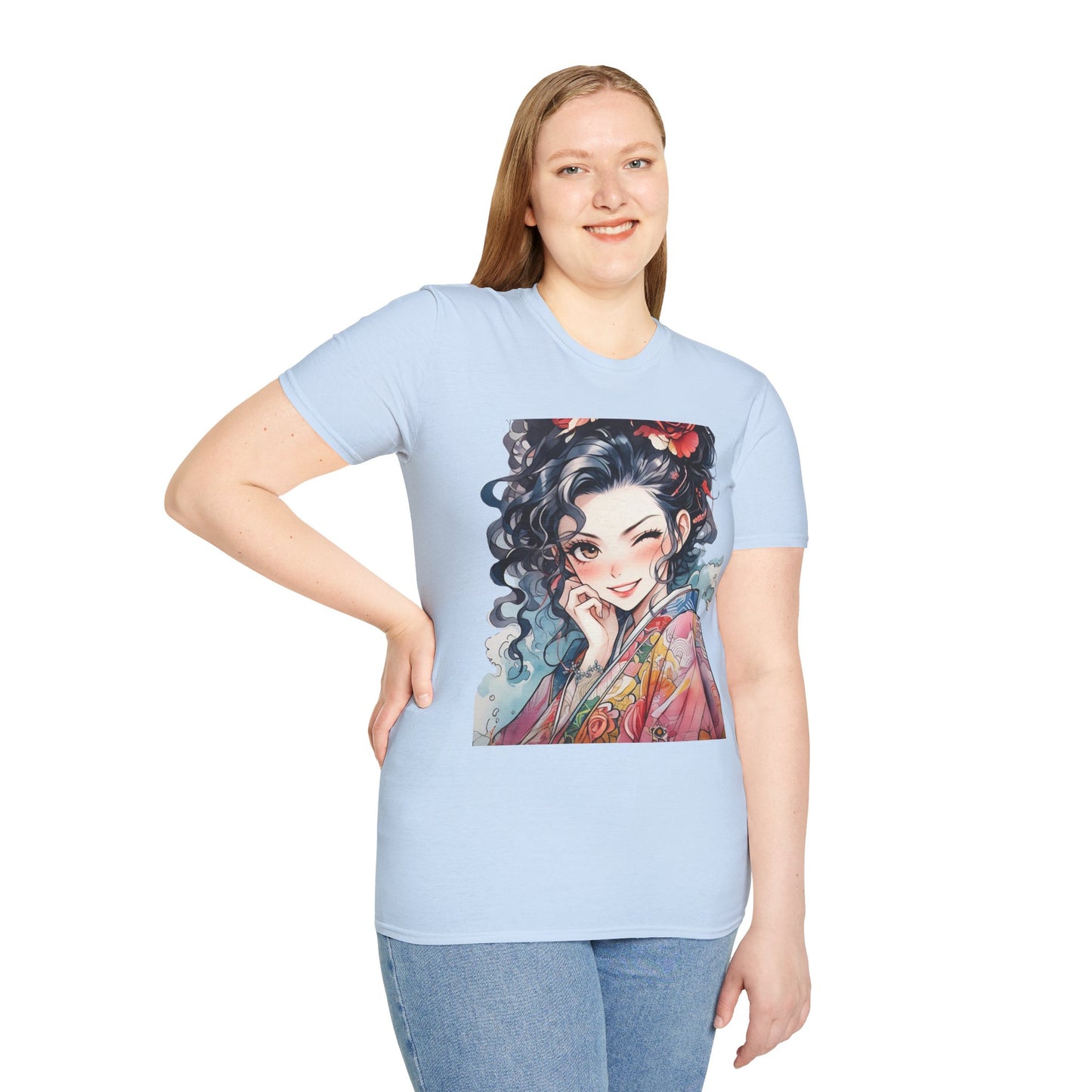 Stylish Unisex Softstyle T-Shirt - Charming Kimono Girl Design
