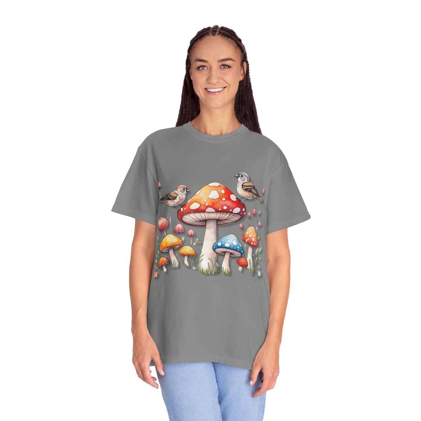 Whimsical Mushroom & Bird Unisex T-Shirt - Nature Lover's Tee