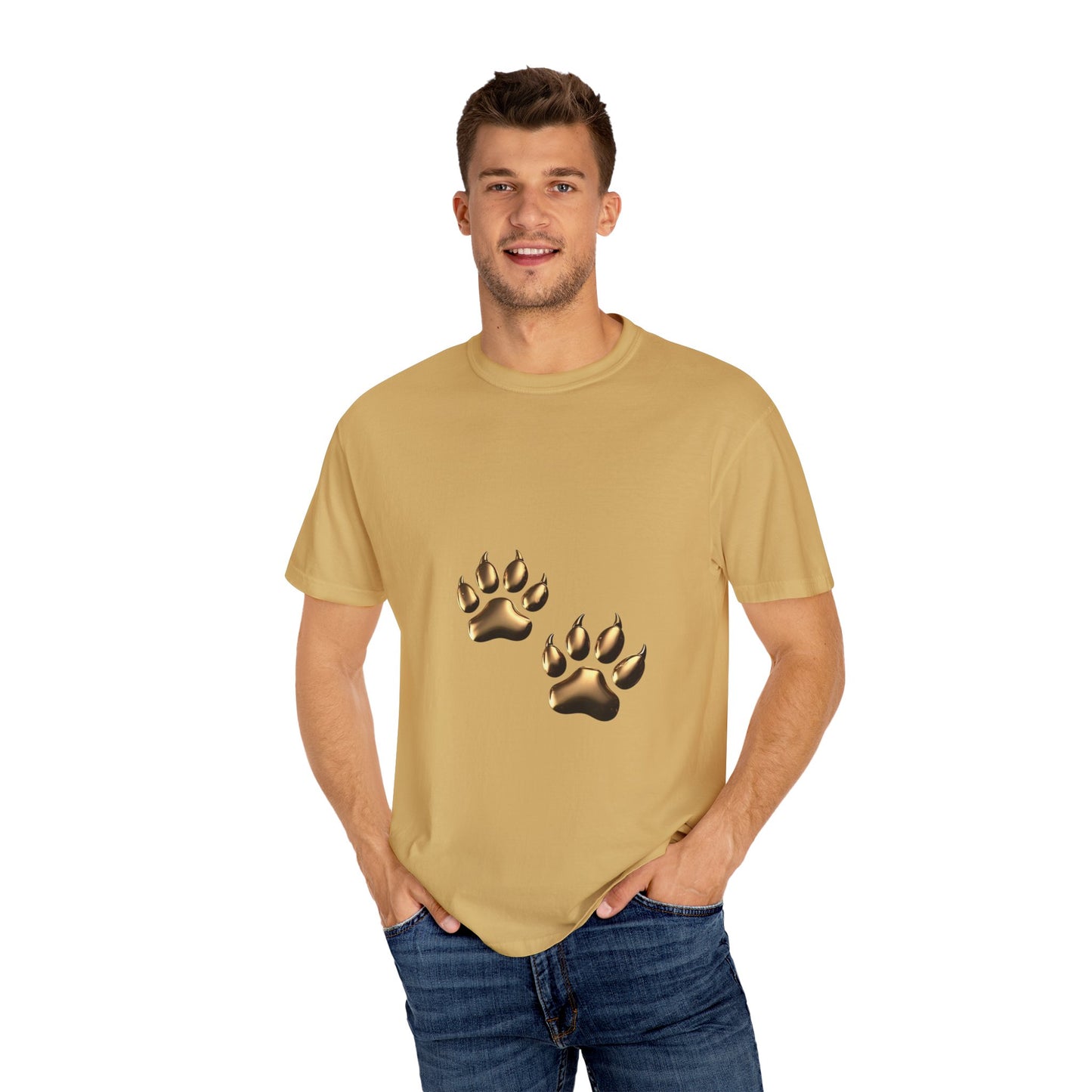 Stylish Unisex Garment-Dyed T-Shirt with Gold Paw Print Design - Perfect for Animal Lovers