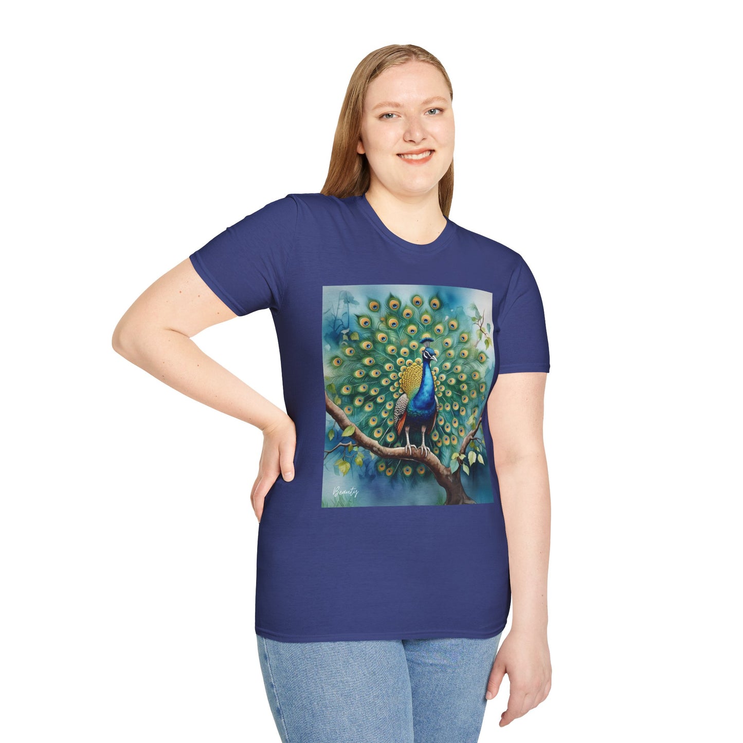 Colorful Peacock Unisex Softstyle T-Shirt - Vibrant Nature Art Tee