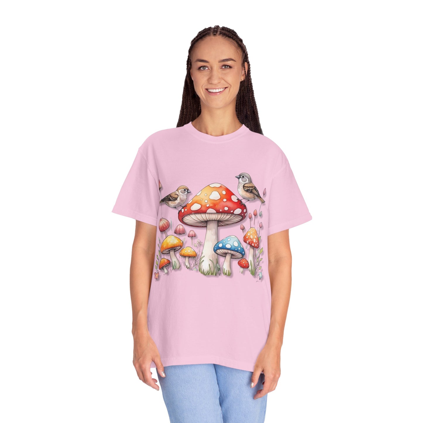 Whimsical Mushroom & Bird Unisex T-Shirt - Nature Lover's Tee