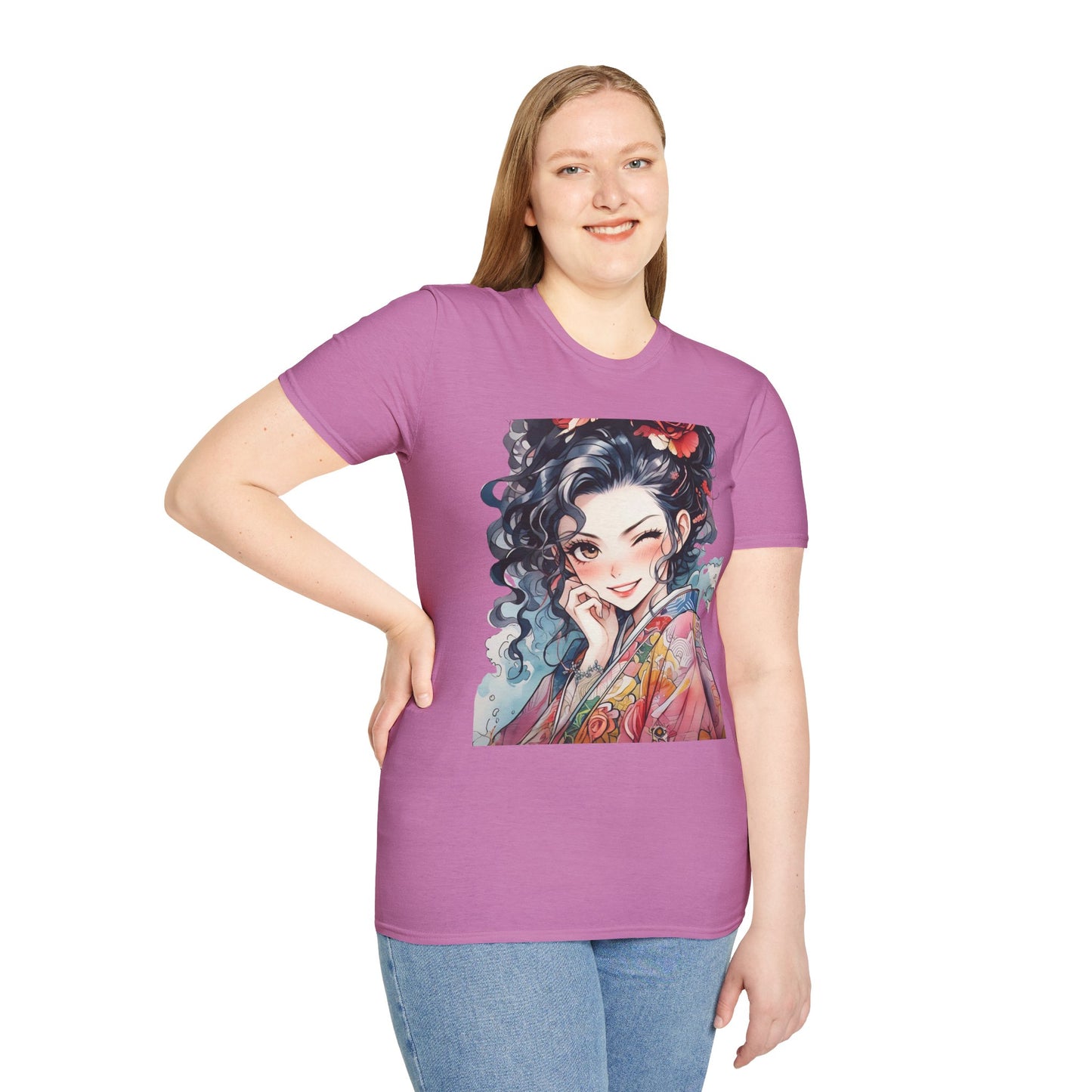 Stylish Unisex Softstyle T-Shirt - Charming Kimono Girl Design