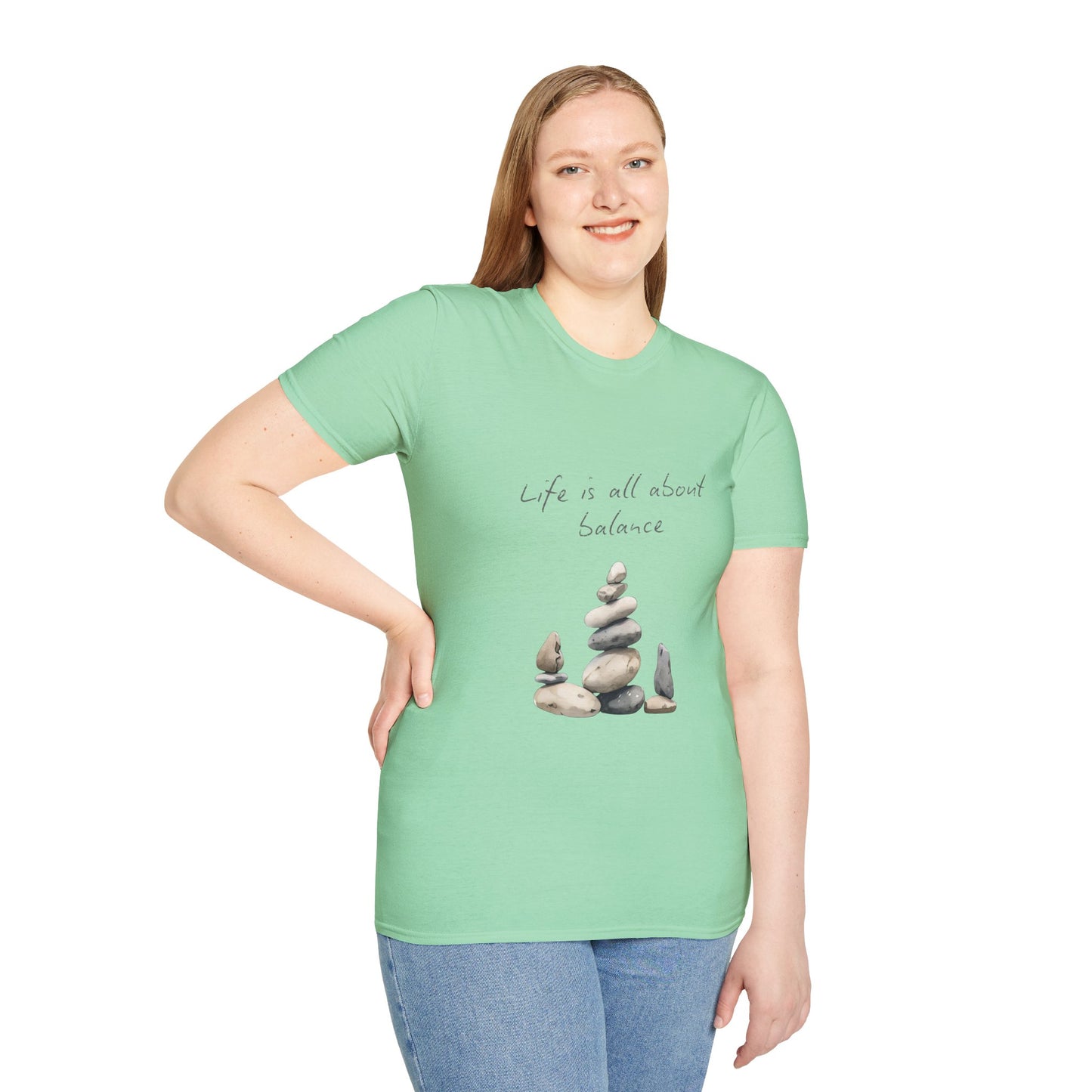Unisex Softstyle T-Shirt - "Life is all about Balance" Design - Perfect for Mindfulness and Relaxation