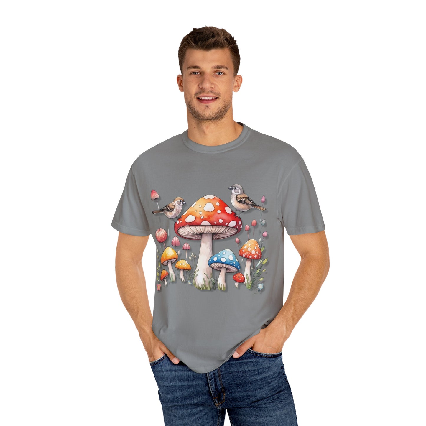 Whimsical Mushroom & Bird Unisex T-Shirt - Nature Lover's Tee