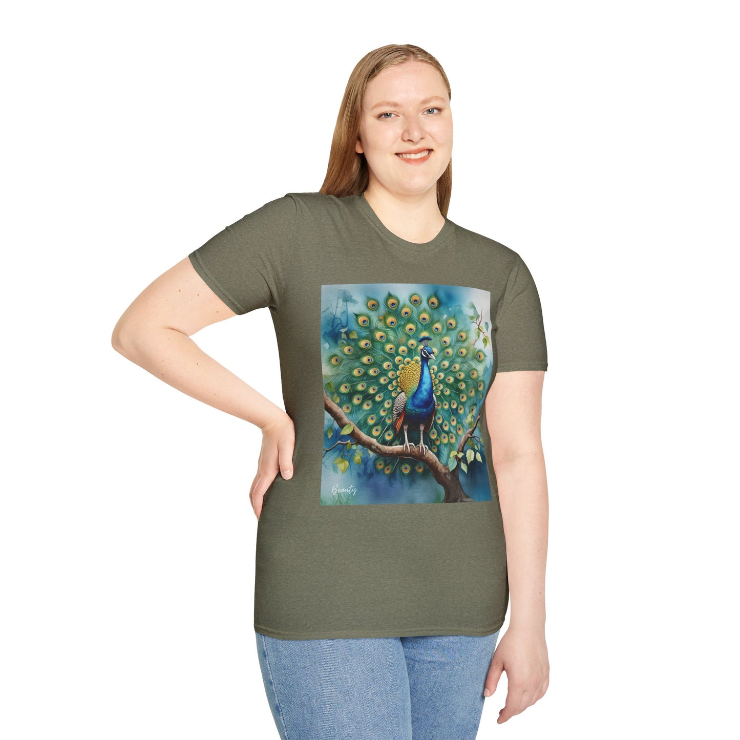 Colorful Peacock Unisex Softstyle T-Shirt - Vibrant Nature Art Tee