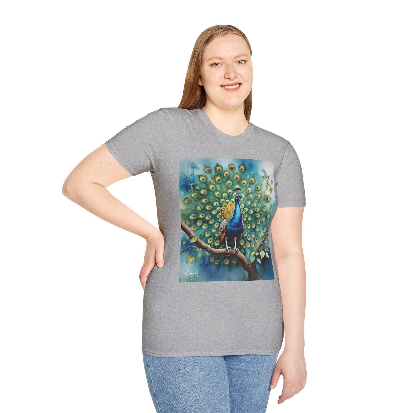 Colorful Peacock Unisex Softstyle T-Shirt - Vibrant Nature Art Tee