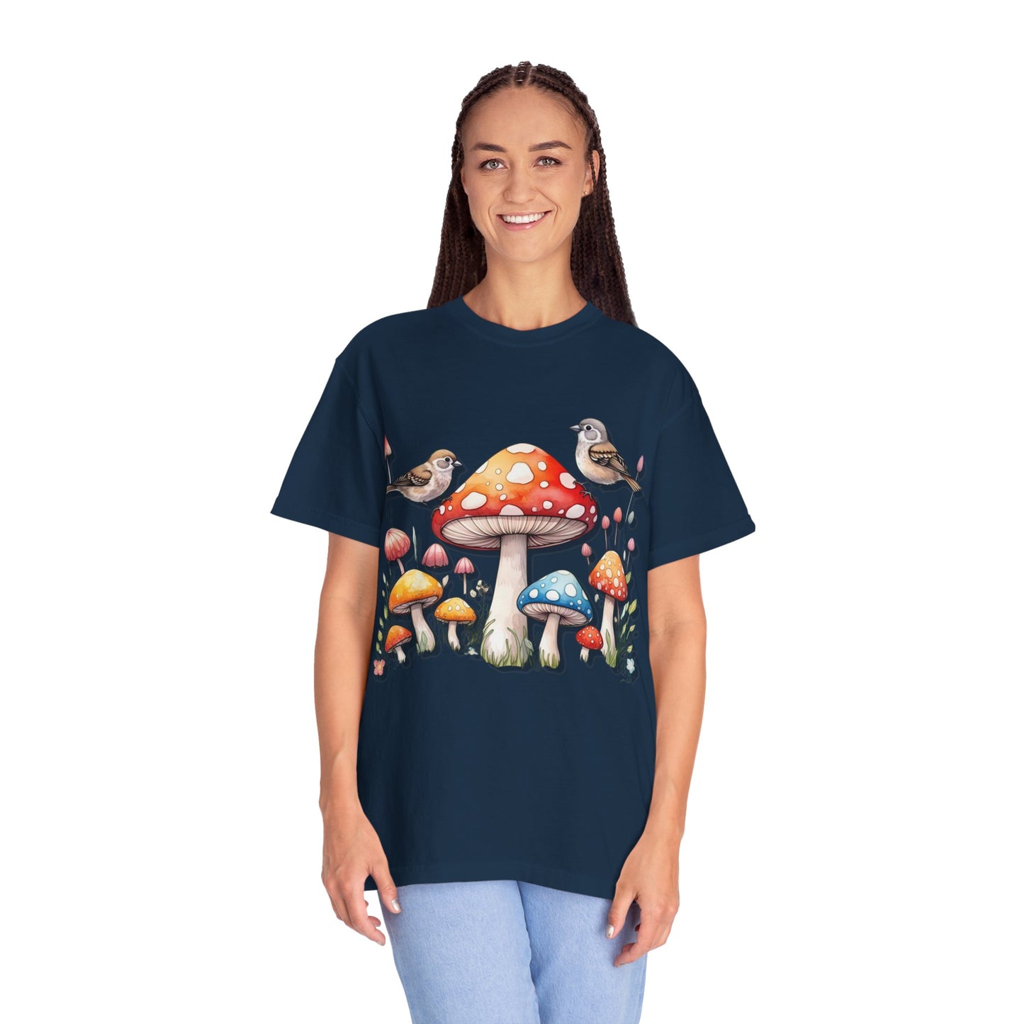 Whimsical Mushroom & Bird Unisex T-Shirt - Nature Lover's Tee