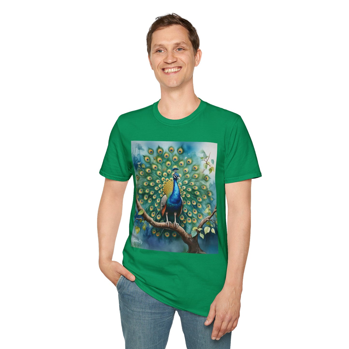 Colorful Peacock Unisex Softstyle T-Shirt - Vibrant Nature Art Tee