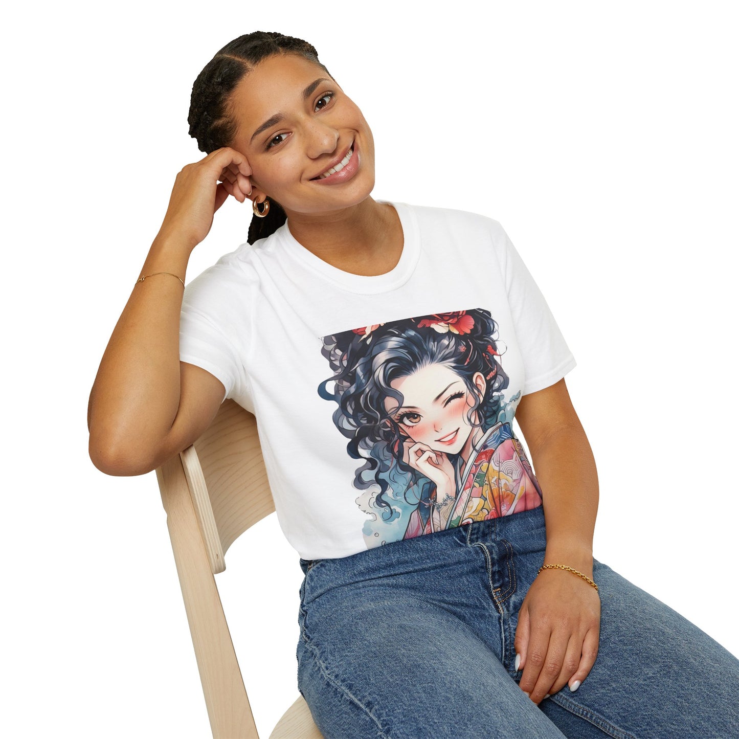 Stylish Unisex Softstyle T-Shirt - Charming Kimono Girl Design