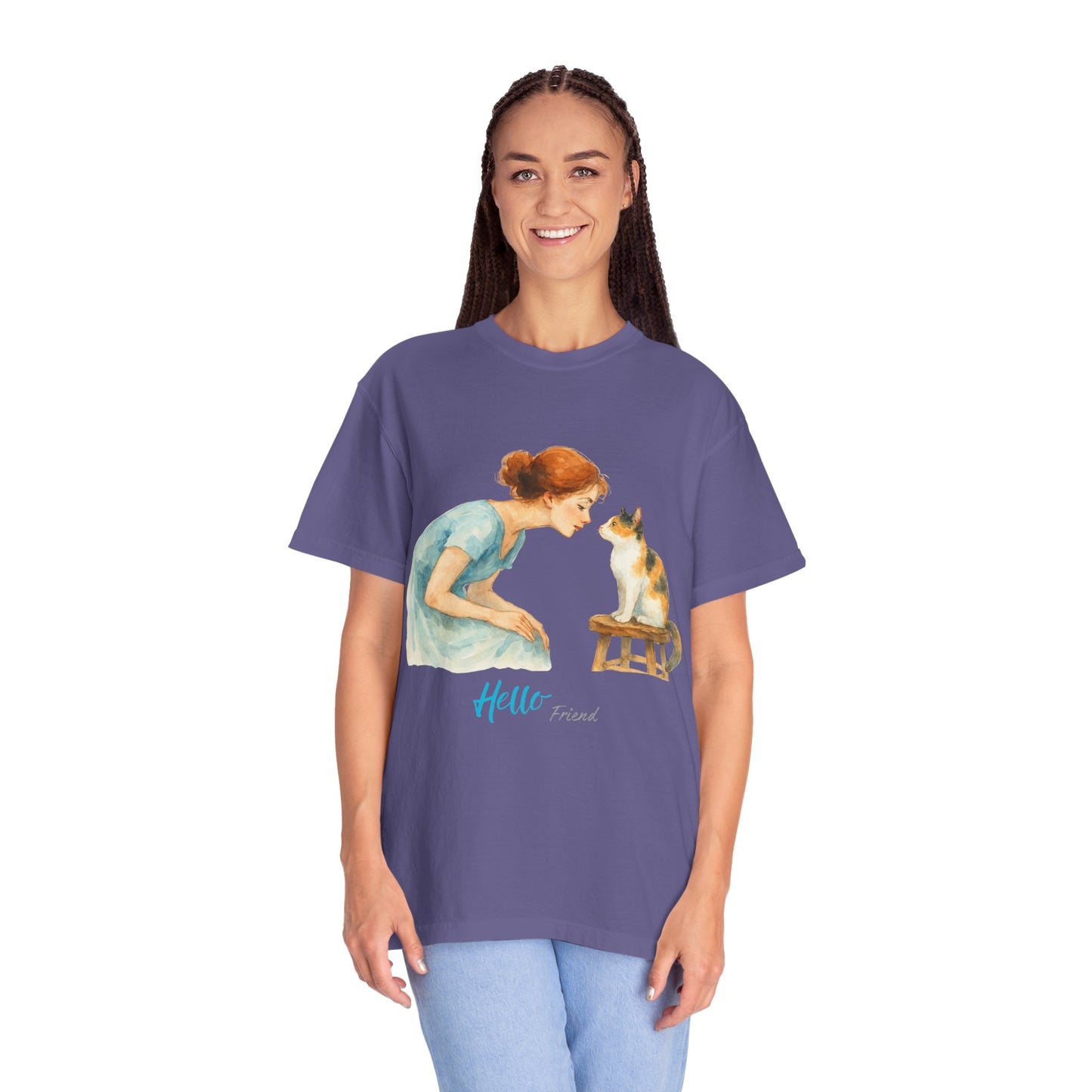 Hello Friend Cat Lover T-Shirt - Unisex Garment-Dyed Tee
