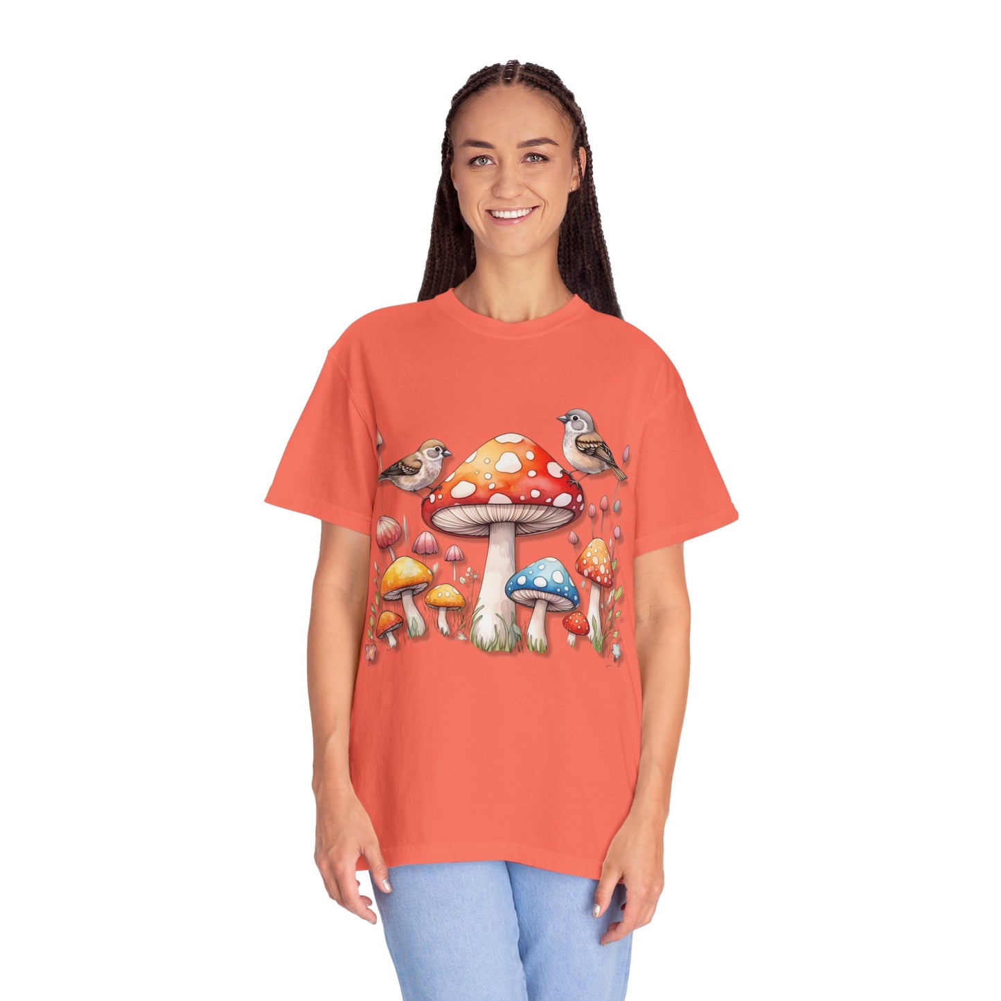 Whimsical Mushroom & Bird Unisex T-Shirt - Nature Lover's Tee