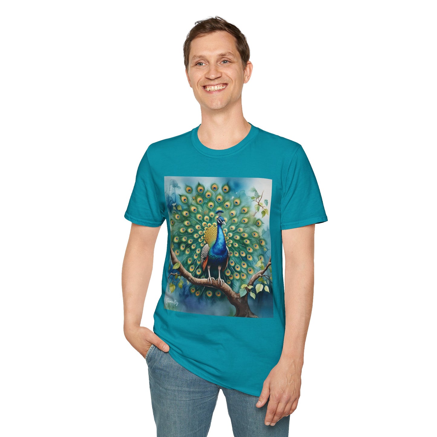 Colorful Peacock Unisex Softstyle T-Shirt - Vibrant Nature Art Tee