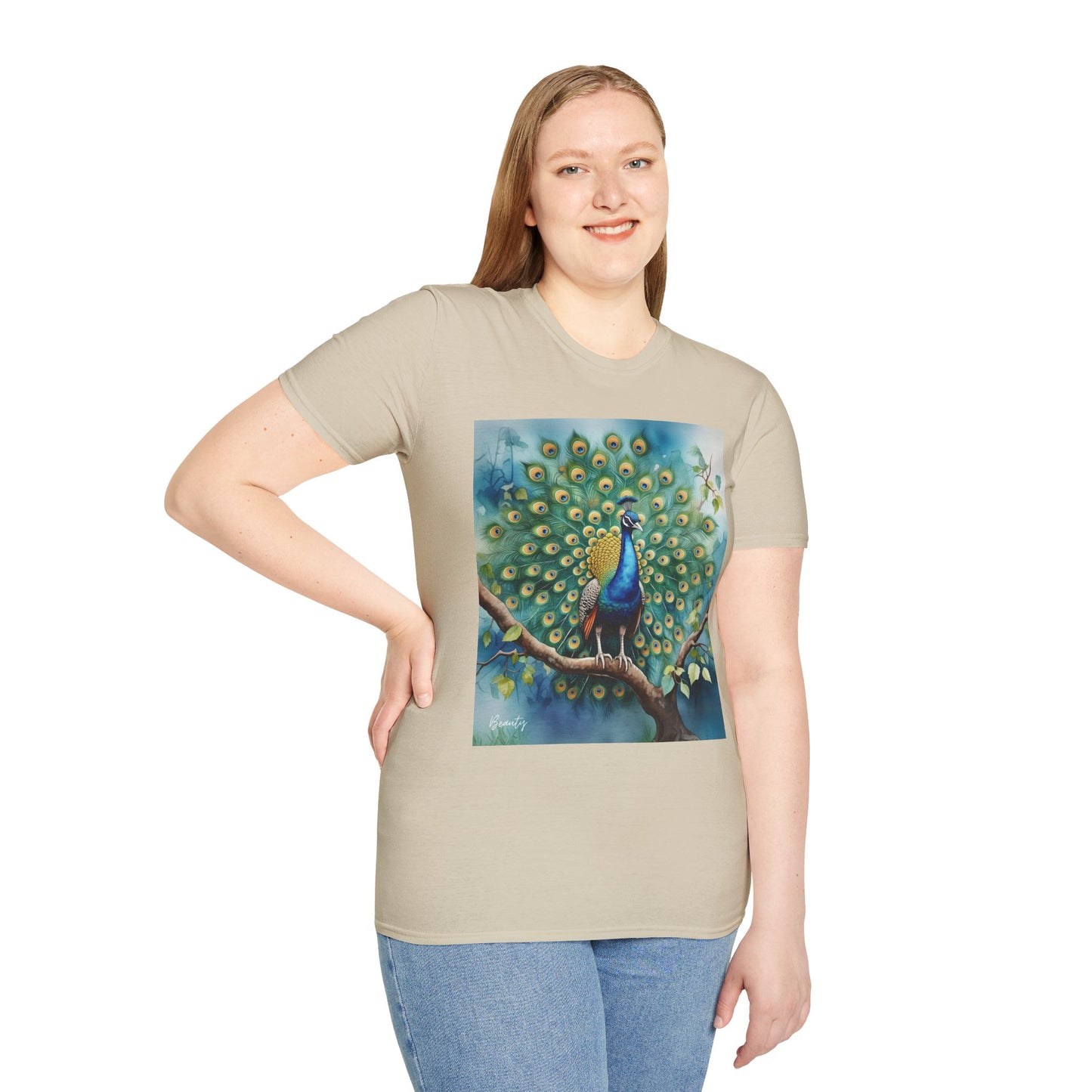 Colorful Peacock Unisex Softstyle T-Shirt - Vibrant Nature Art Tee