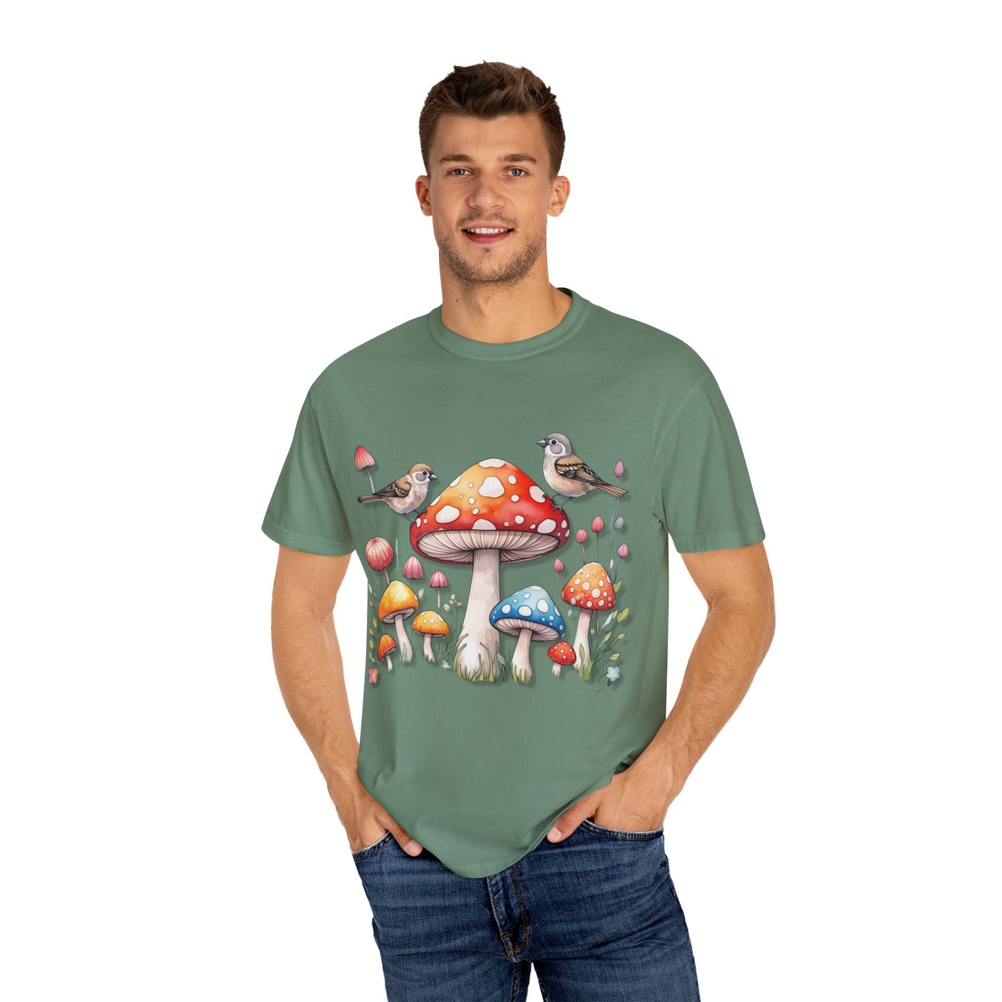 Whimsical Mushroom & Bird Unisex T-Shirt - Nature Lover's Tee