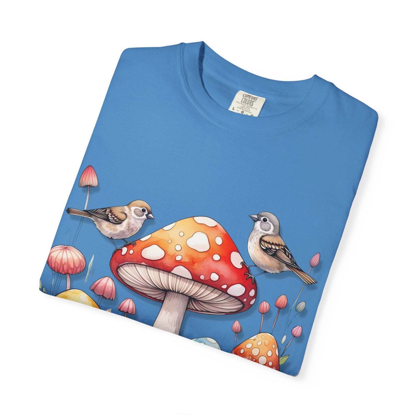 Whimsical Mushroom & Bird Unisex T-Shirt - Nature Lover's Tee