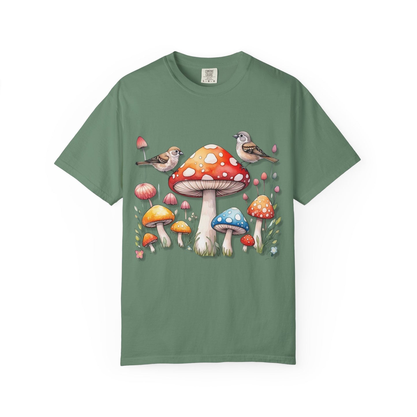 Whimsical Mushroom & Bird Unisex T-Shirt - Nature Lover's Tee