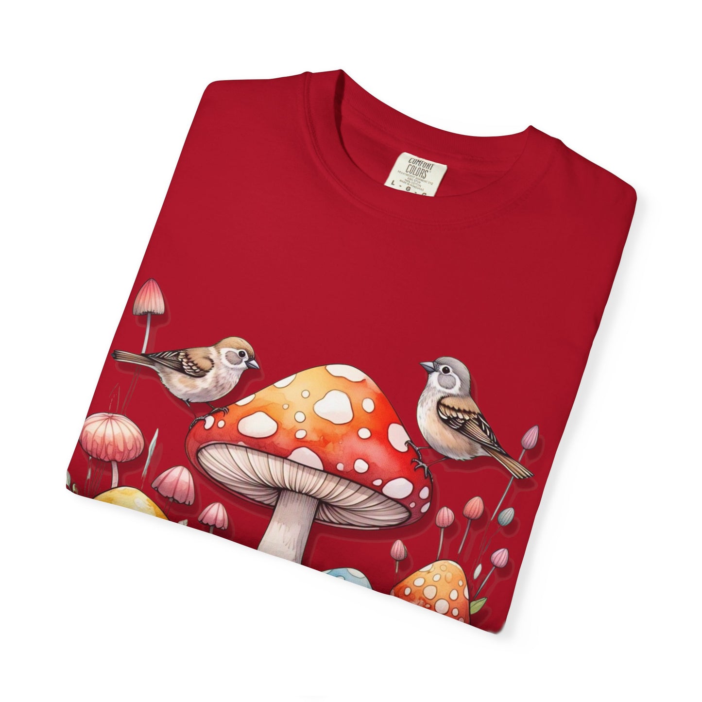 Whimsical Mushroom & Bird Unisex T-Shirt - Nature Lover's Tee