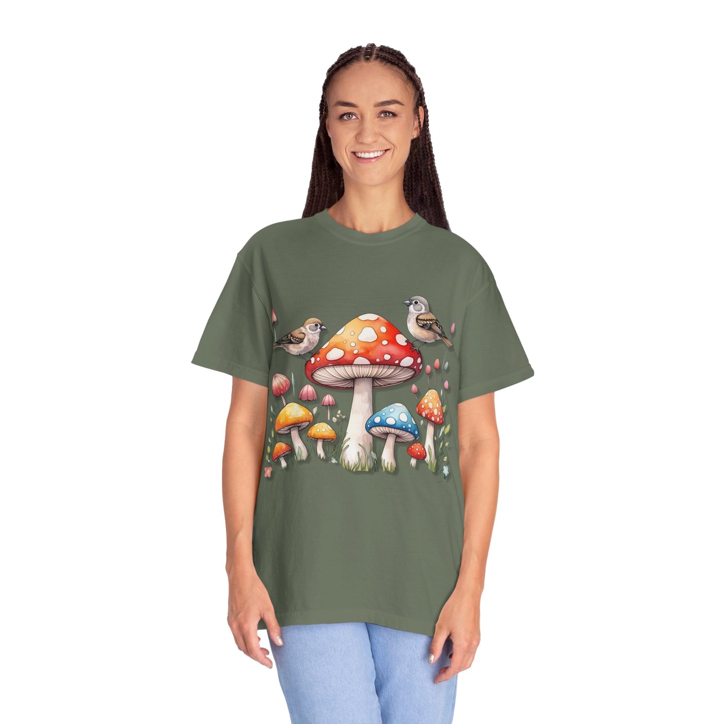 Whimsical Mushroom & Bird Unisex T-Shirt - Nature Lover's Tee