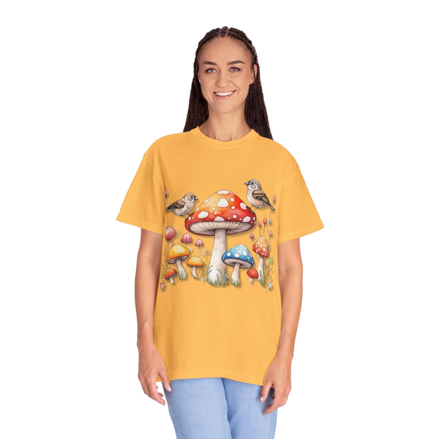 Whimsical Mushroom & Bird Unisex T-Shirt - Nature Lover's Tee