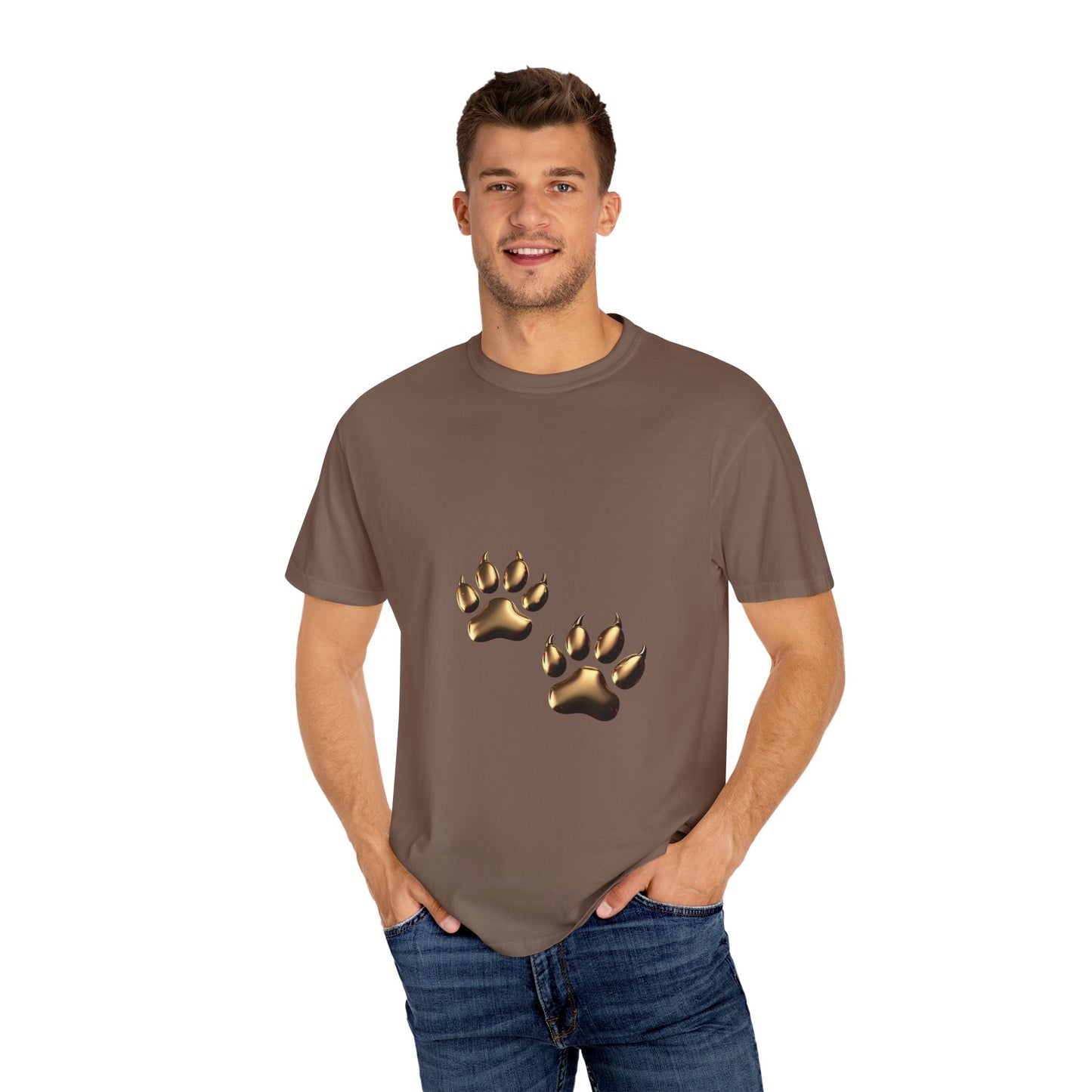 Stylish Unisex Garment-Dyed T-Shirt with Gold Paw Print Design - Perfect for Animal Lovers