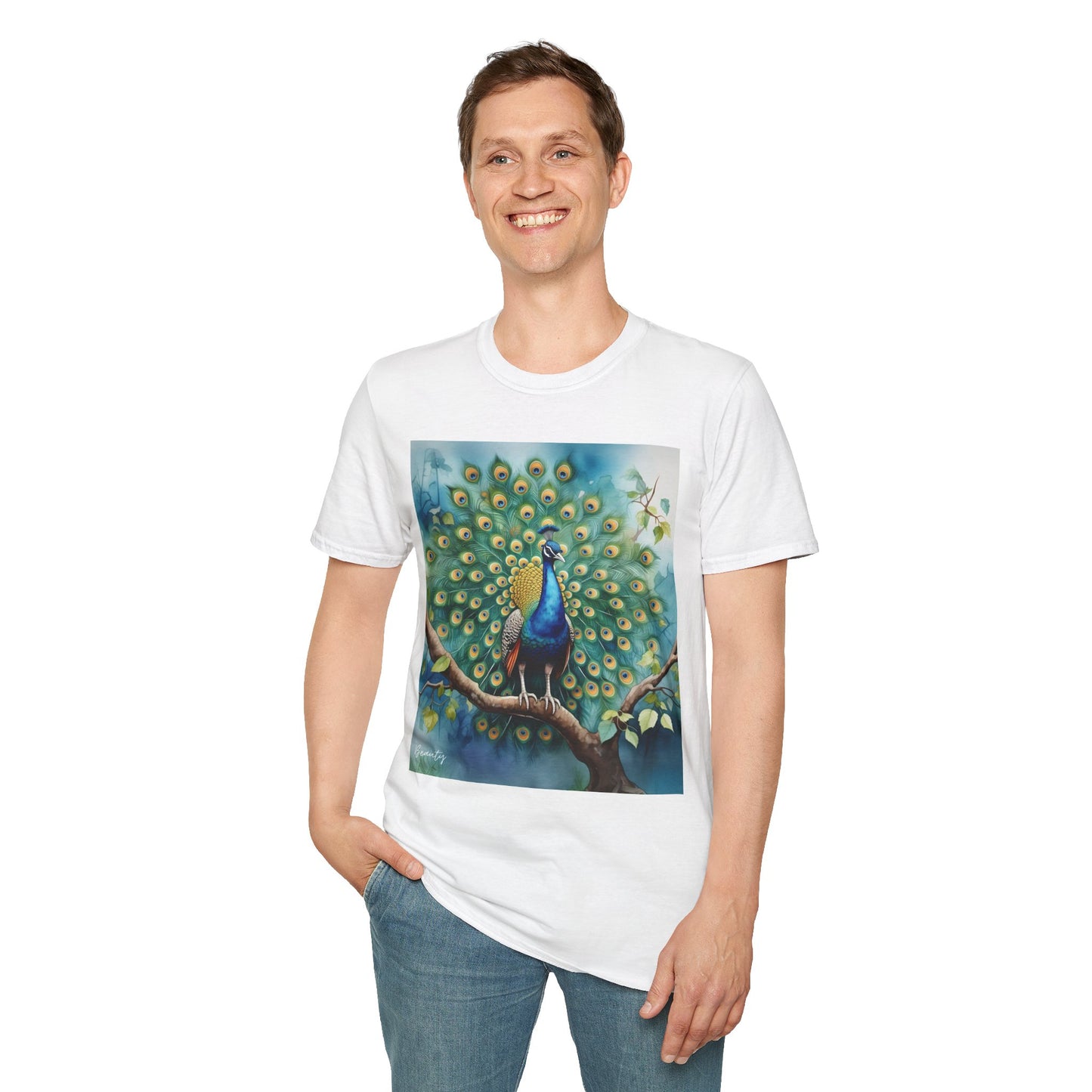 Colorful Peacock Unisex Softstyle T-Shirt - Vibrant Nature Art Tee