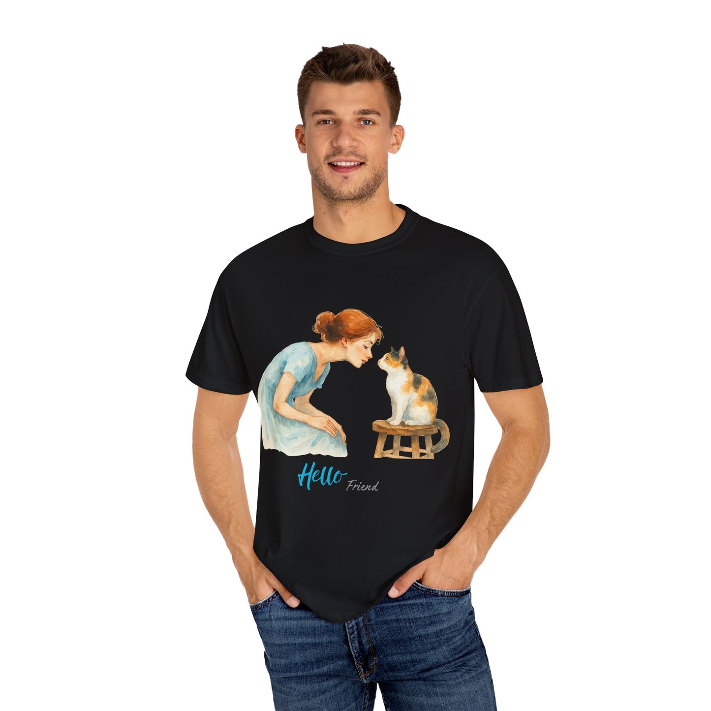 Hello Friend Cat Lover T-Shirt - Unisex Garment-Dyed Tee