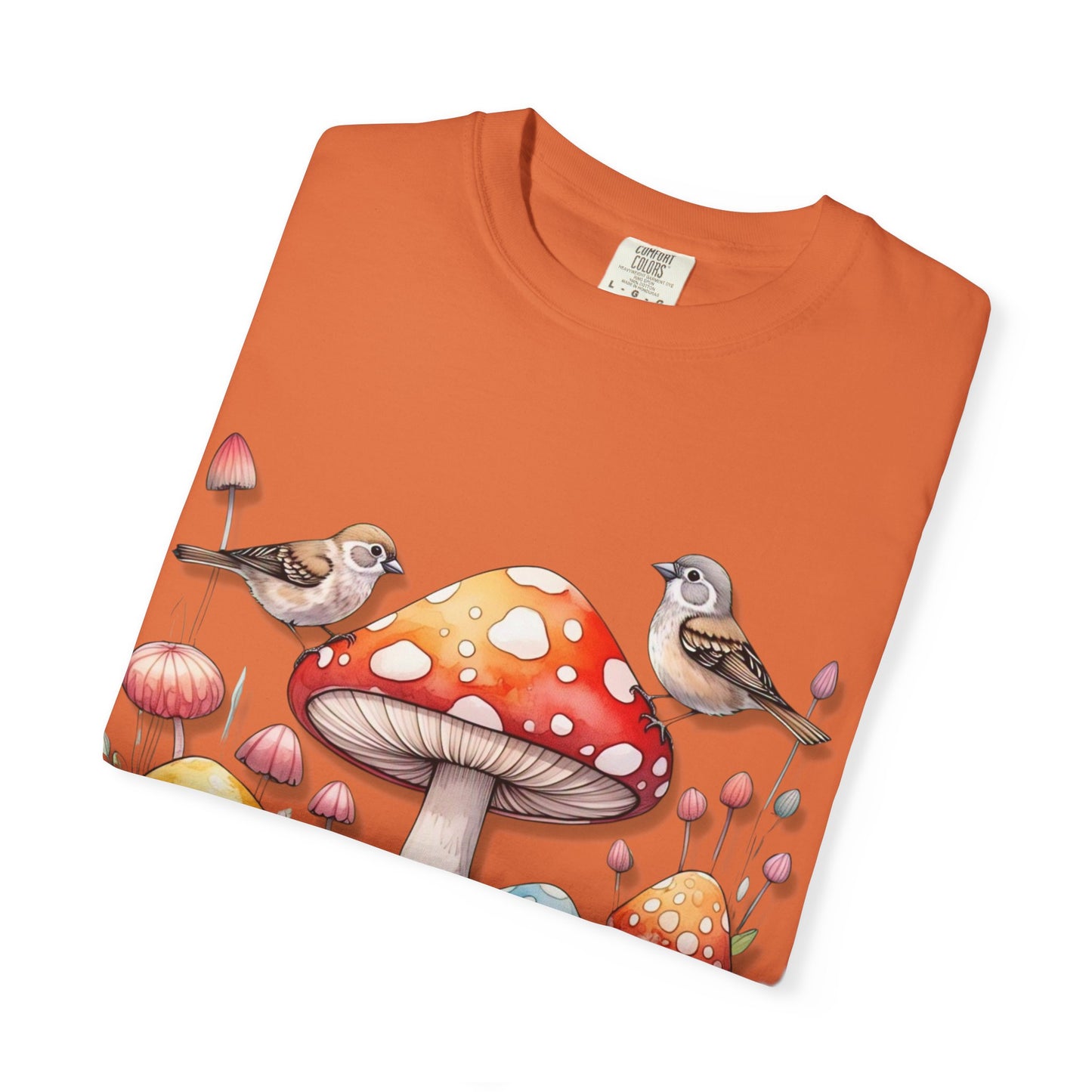 Whimsical Mushroom & Bird Unisex T-Shirt - Nature Lover's Tee