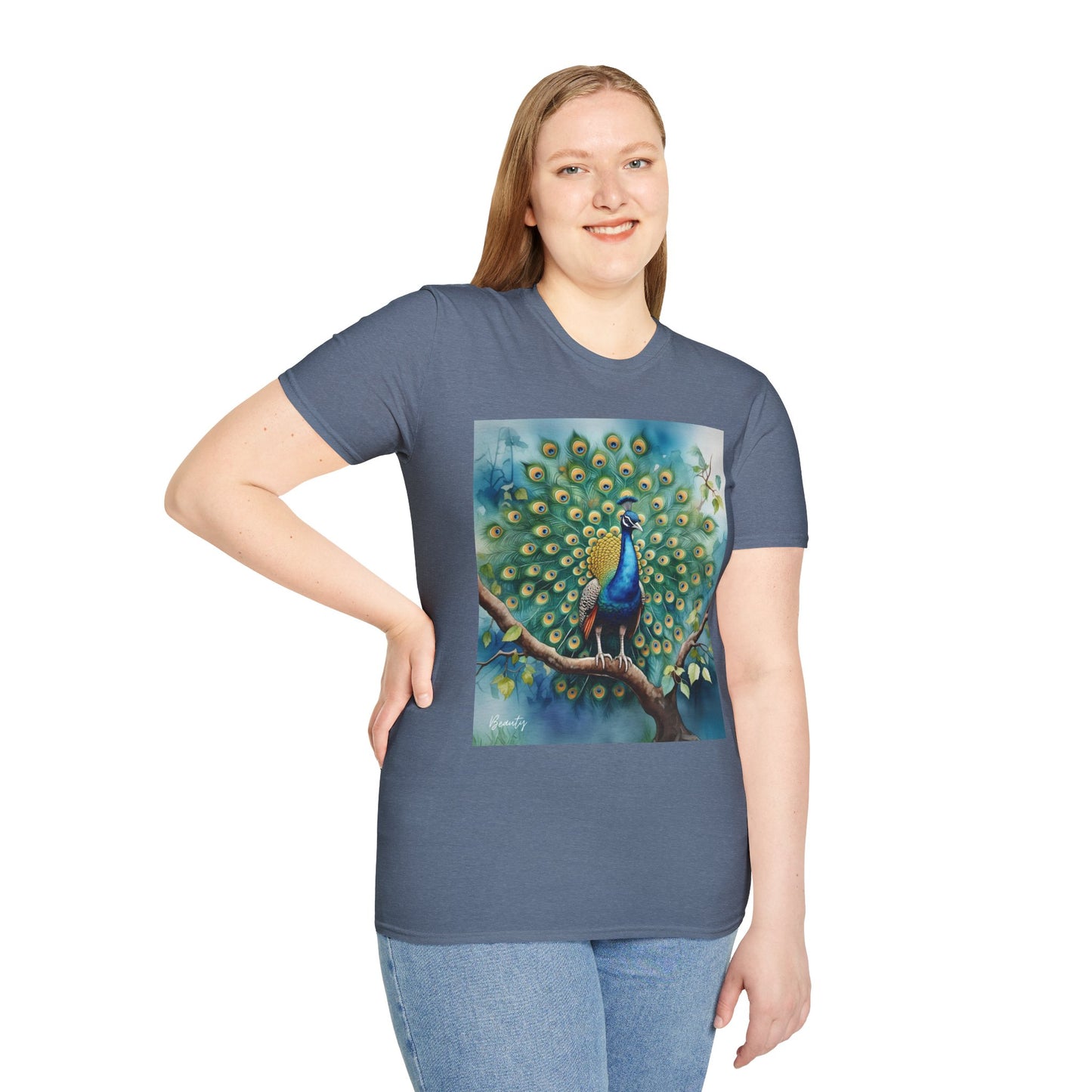 Colorful Peacock Unisex Softstyle T-Shirt - Vibrant Nature Art Tee